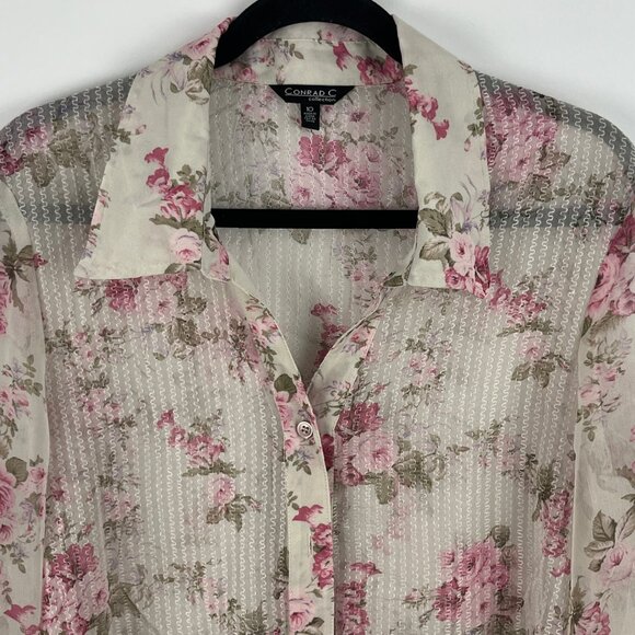Conrad C Top Blouse Size 10 Pink Floral Long Sleeve Sheer Button Down Polyester - Picture 2 of 9
